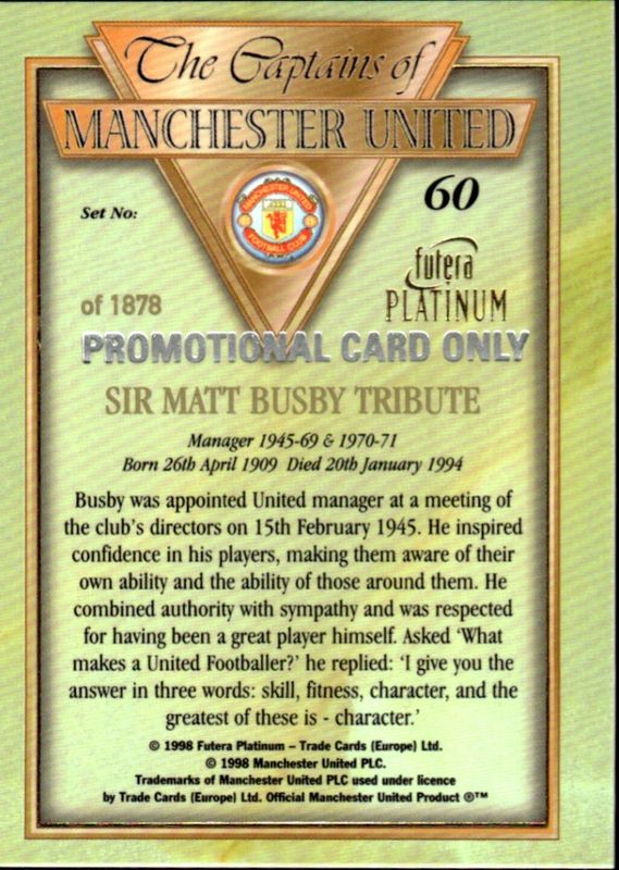 1998 Futera Platinum The Captains of Manchester United SIR MATT BUSBY  #60 PROMOTIONAL CARD ONLY 