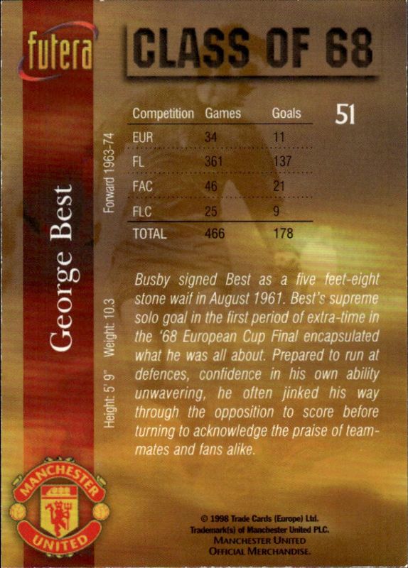 1998 Futera Manchester United Class of 68 George Best #51 