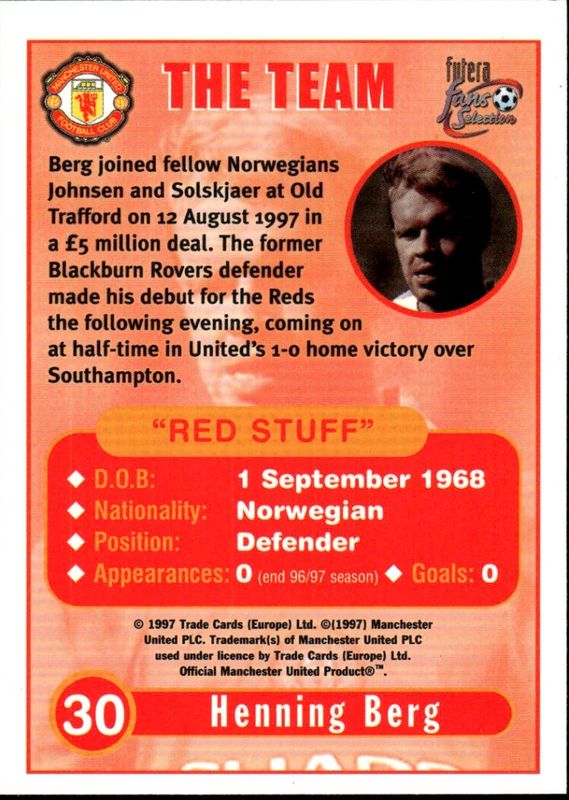 1997 FUTERA FANS SELECTION - HENNING BERG - MAN UTD THE TEAM No 30