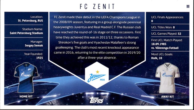 TOPPS Best of the Best Champions League 2020/21 #111 FC ZENIT Club Cards-