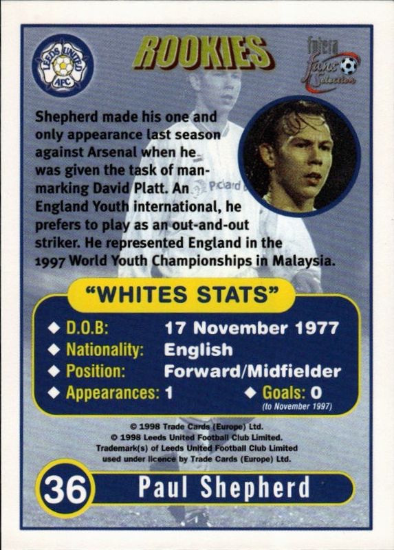 FUTERA 1998 FANS SELECTION LEEDS rookies shepherd