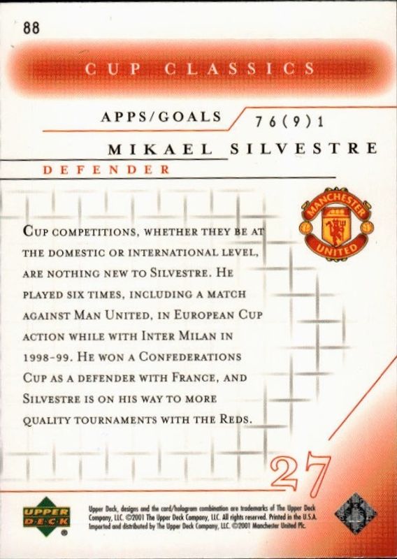 2001-02 Upper Deck Manchester United Cup Classics Mikael Silvestre #88 ON CARD AUTOGRAPH