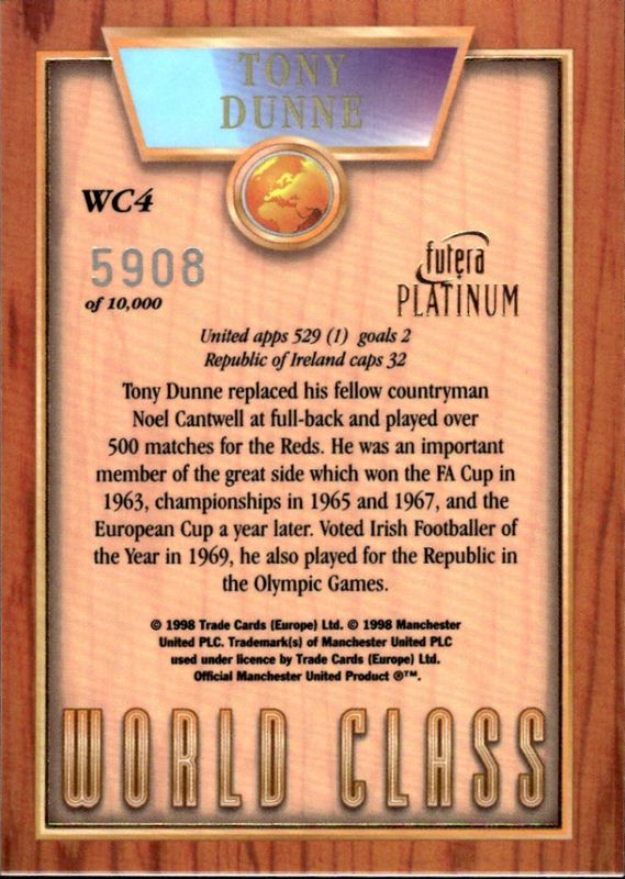 1998 Futera Manchester United Platinum World Class #5908/10000 Tony Dunne #WC4