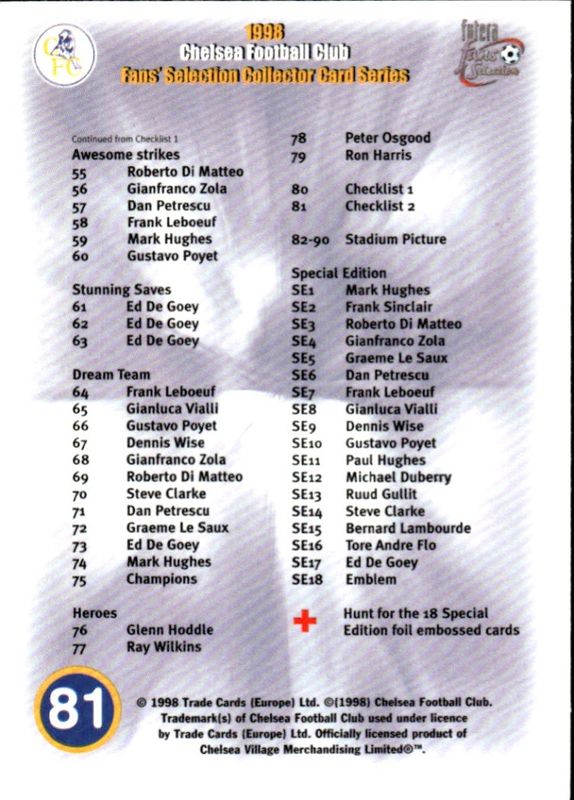 1998 Futera Fans Selection Chelsea Checklist #2 #81 