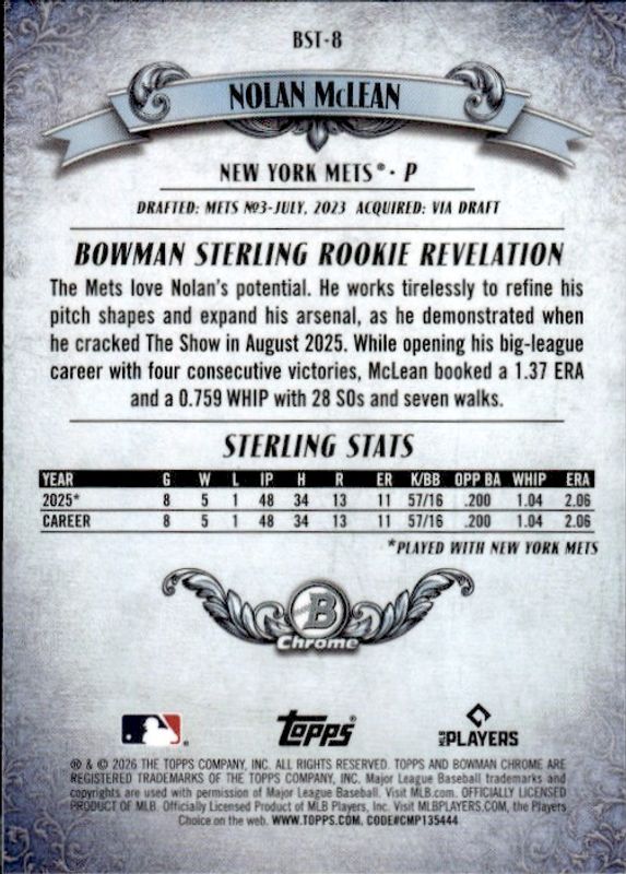 2026 Topps Bowman Chrome Sterling Refractor Nolan McLean Rookie (RC) BST-8 Mets